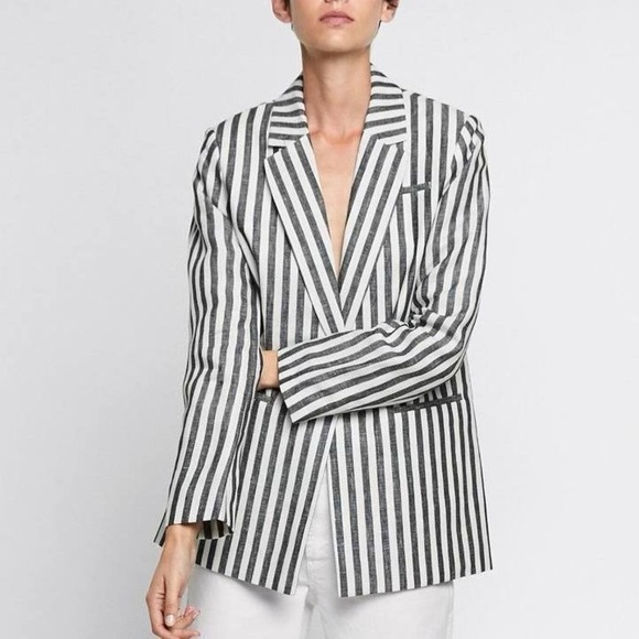 ZARA Linen Stripe Long Blazer - Picture 1 of 10